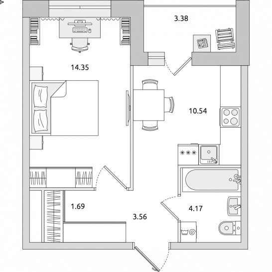 Однокомнатная квартира 38 м²