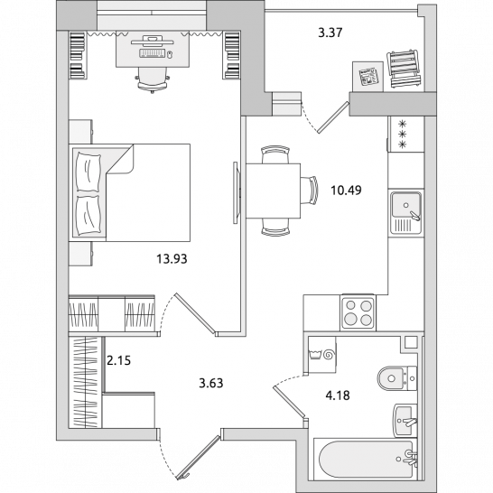 Однокомнатная квартира 38 м²
