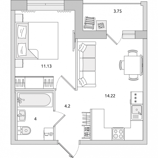 Однокомнатная квартира 37 м²