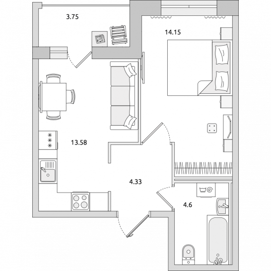 Однокомнатная квартира 40 м²